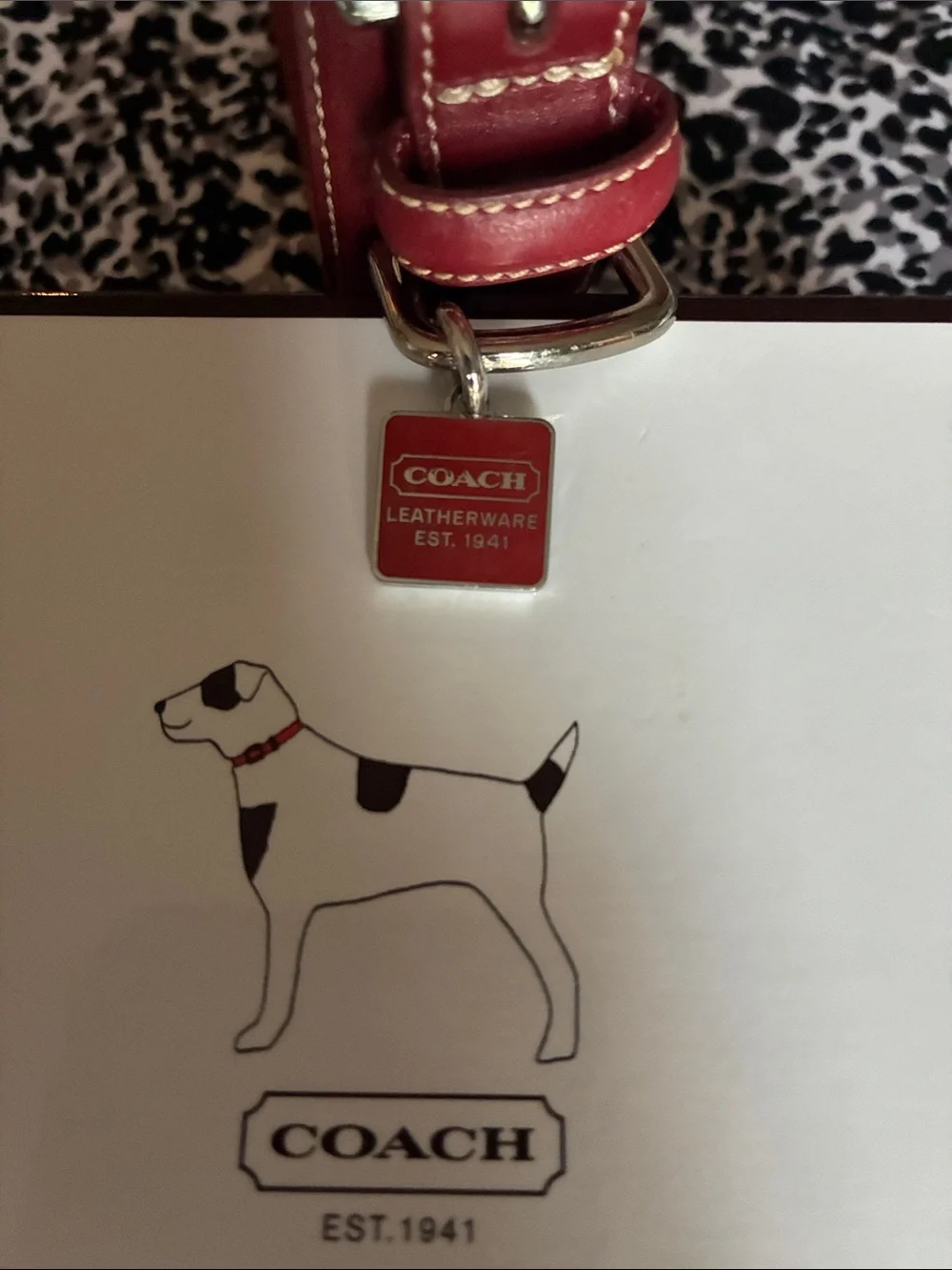 Coach Rare Vintage Sz. MED, Red Leather Grommet Dog Collar, Square Charm w Box